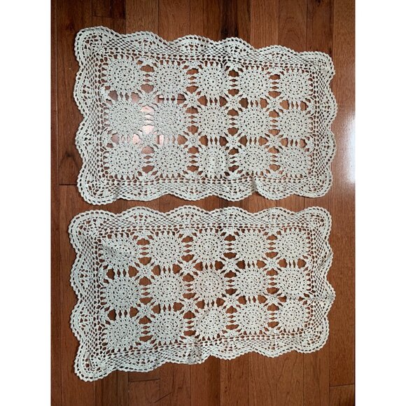 Vintage Handmade Crochet Doilies Set of 2 Rectangular 12"x20" Ivory Lace - Picture 5 of 8